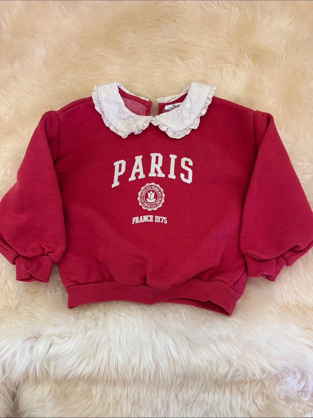 Zara Red Sweatshirt with White Lace Peter Pan Collar